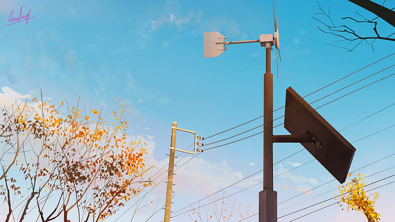 anime landscape, sky, street signs, tree, windmill, Anime, HD wallpaper