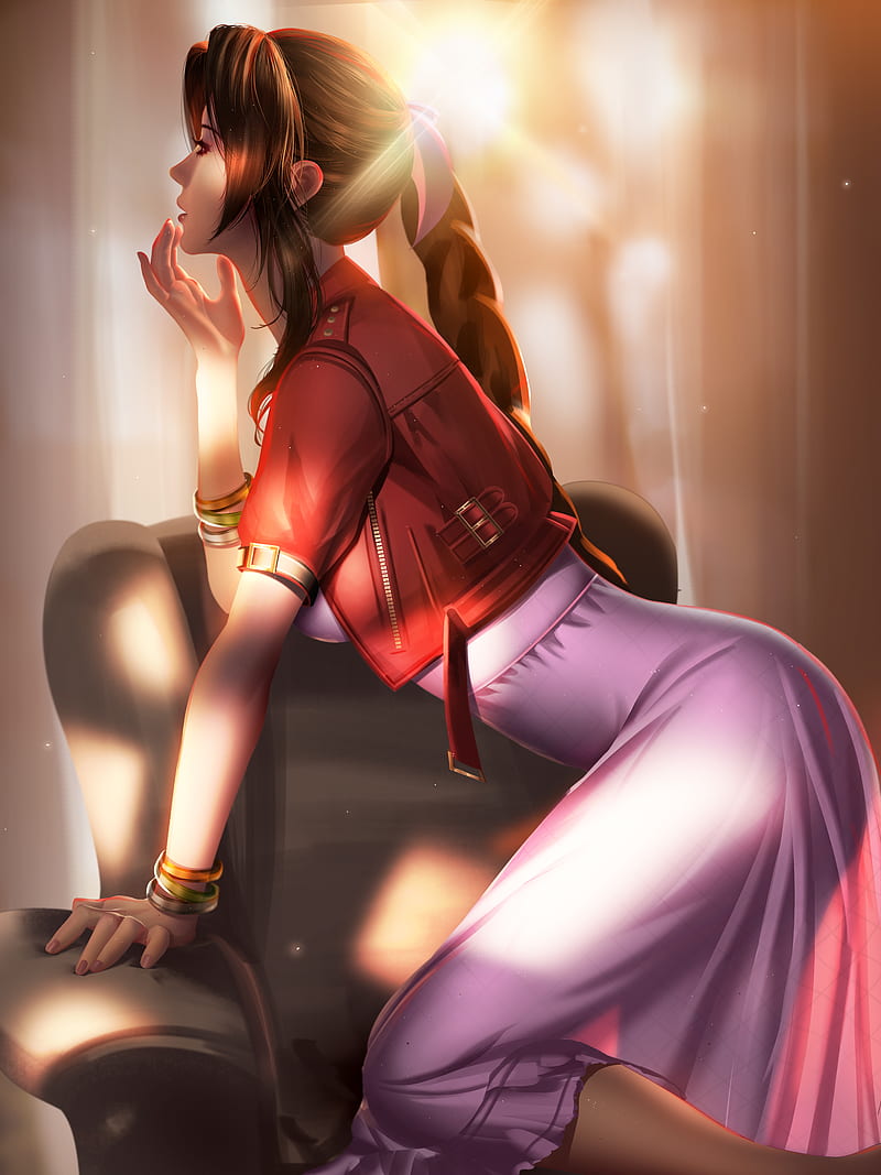 Aerith Gainsborough, Final Fantasy, video games, video game characters, video game girls, brunette, ponytail, long hair, profile, lens flare, backlighting, jacket, dress, kneeling, side view, bracelets, sunlight, couch, vertical, artwork, drawing, digital art, fan art, Liang Xing, Liang-Xing, parted lips, women, HD phone wallpaper