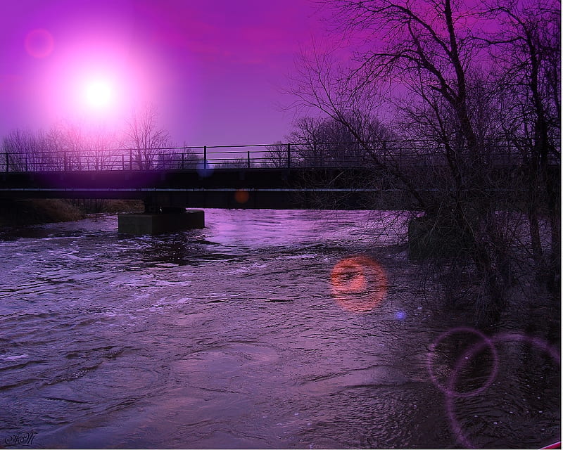 Flooded River 2, railroad, shopped, railroad tracks, sunset, spring, water, bridge, nature, flood, river, HD wallpaper