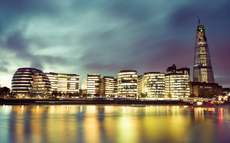 Night London, architecture, water, london, river, reflection, lights, night, skyscrapers, HD wallpaper