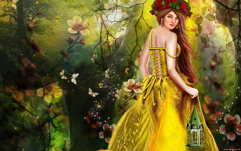 Beauty of nature, forest, dress, redhead, yellow, beauty, spring, HD ...