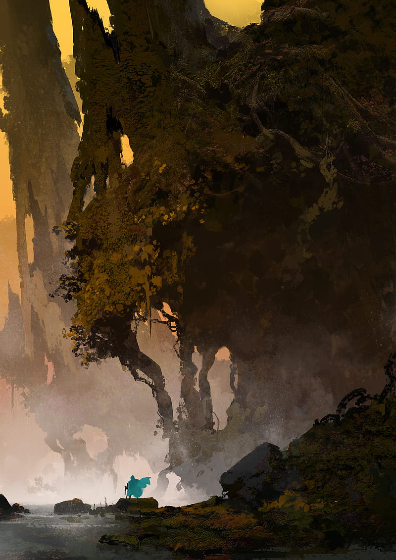 silhouette, traveler, trees, rocks, art, HD phone wallpaper