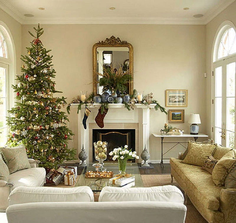 Christmas Living Room, archtecture, christmas tree, house, living room, HD wallpaper
