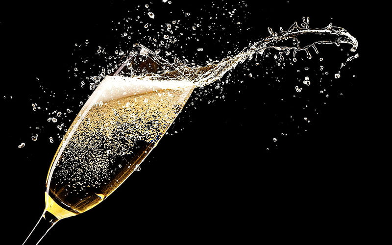 champagne, splashes, glass of champagne, black background, drinks, glass, HD wallpaper