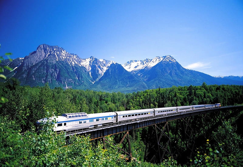 Canadian Railways, forest, bridge, trains, trees, snowy peaks, HD wallpaper
