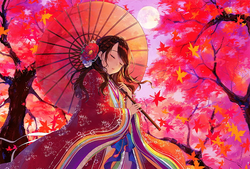 anime girl, pretty, autumn, umbrella, moon, brown hair, braid, Anime, HD wallpaper