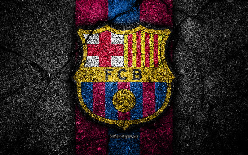 FC Barcelona, logo, Barca, soccer, LaLiga, black stone, football club, Spain, Barcelona, La Liga, asphalt texture, Barcelona FC, HD wallpaper