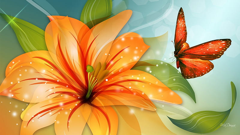 Tiger Lily and Butterfly, fall, autumn, glow, orange, shine, sparkle, butterfly, bright, summer, flower, HD wallpaper