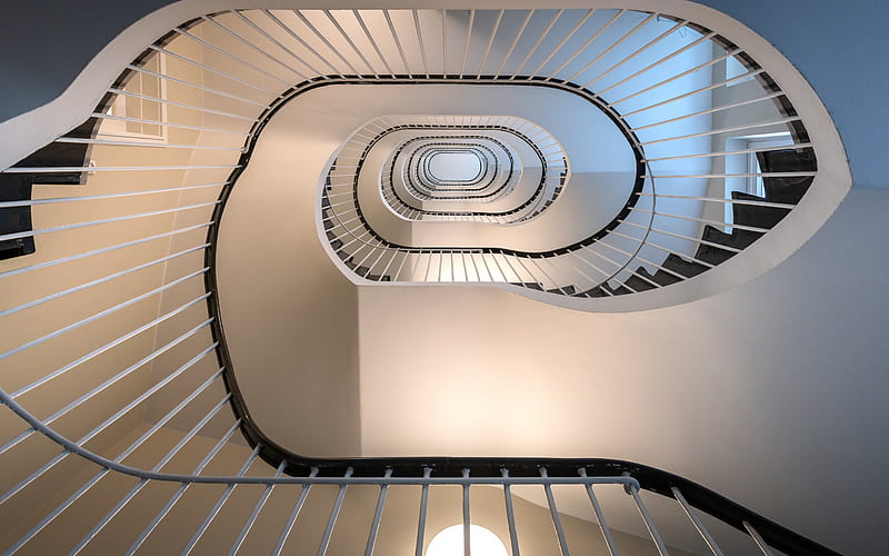 circular staircase, steps, path to the top, staircase, white staircase, HD wallpaper