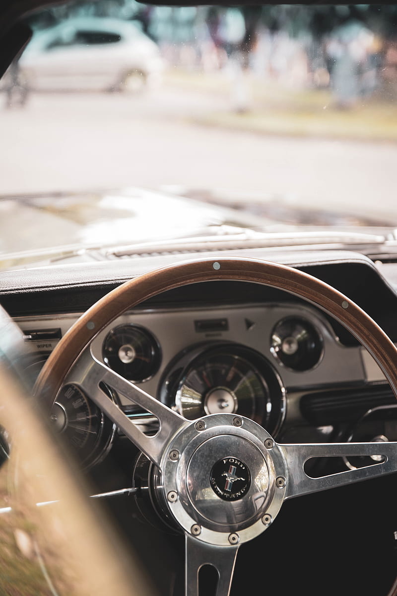 Old Ford Mustang, car, carros, interior, retro, show, steering wheel, HD phone wallpaper