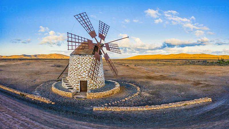 Windmill at Molino de Tefia, Fuerteventura, sky, mill, spain, hills, landscape, clouds, HD wallpaper