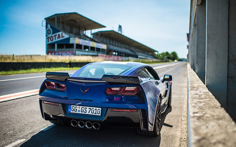 Chevrolet Corvette, 2018, Grand Sport, sports coupe, rear view, four pipe exhaust, racing track, tuning Corvette, American sports cars, blue new Corvette, Chevrolet, HD wallpaper