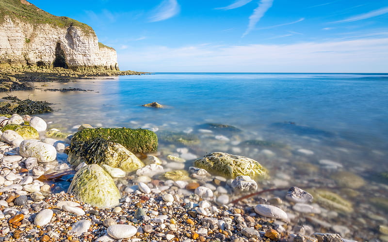 Island coast beach rock algae blue sky, HD wallpaper