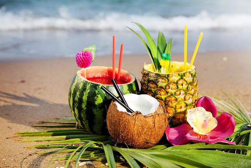 Tropical cocktail, bonito, sea, beach, yummy, drink, tropics, pineapple, water melon, cocktail, exotic, juice, ocean, coconut, waves, water, flower, summer, nature, tropical, HD wallpaper