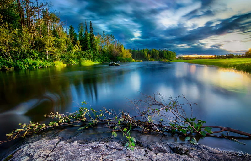 Blissful river forest, lovely, bonito, sunset, clouds, blissful, water, river, reflection, landscape, blue, HD wallpaper
