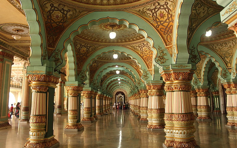 Palace in India, interior, columns, India, palace, HD wallpaper