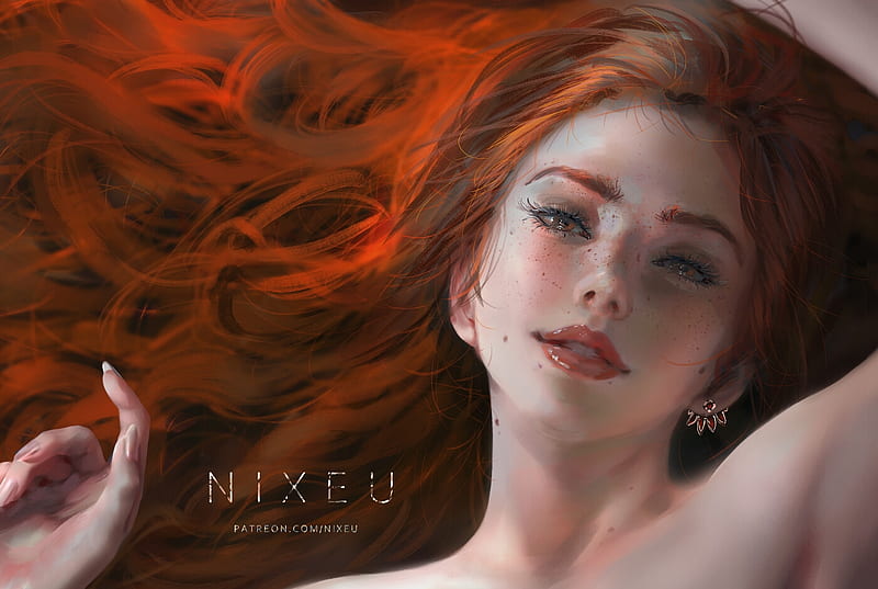 Redhead, art, frumusete, nixeu, fantasy, luminos, girl, face, HD wallpaper
