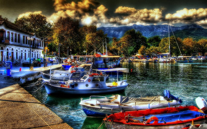 Thassos Town, Greece ~ R, Thassos, R, Landscape, Boats, HD wallpaper