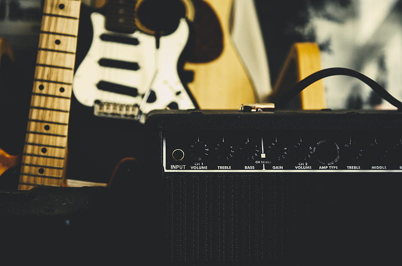black guitar amplifier beside electric guitar, HD wallpaper