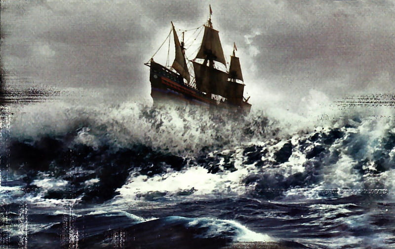 Desperate Crossing 2, art, high seas, journey, artwork, painting, wide screen, Mayflower, seascape, scenery, HD wallpaper