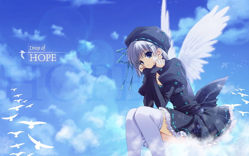 Drop of Hope, pretty, messages, cg, adorable, magic, wing, sweet, nice, fantasy, anime, feather, beauty, anime girl, wings, lovely, sky, cute, pigeon, dove, texts, white, dress, words, bonito, blue, female, cloud, angel, blouse, kawaii, girl, bird, HD wallpaper