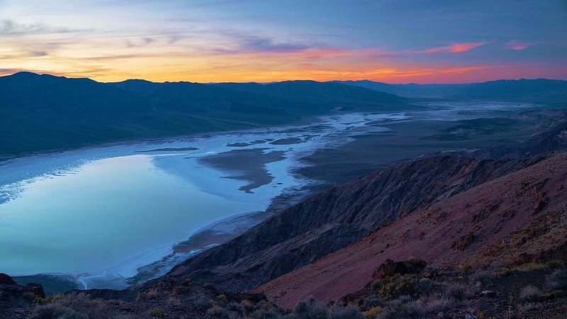Badwater Basin from Dante's Peak, Death Valley California, usa, trees, hills, water, sunset, landscape, colors, sky, HD wallpaper