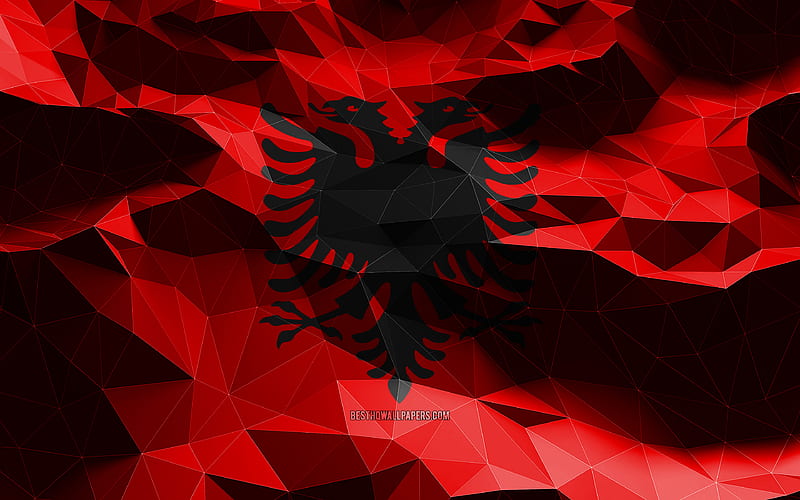 Albanian flag, low poly art, European countries, national symbols, Flag of Albania, 3D flags, Albania flag, Albania, Europe, Albania 3D flag, HD wallpaper
