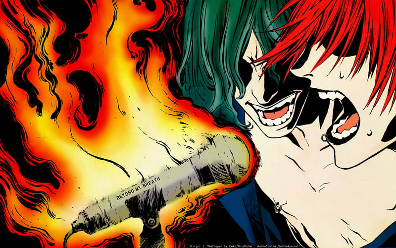 Beyond my breath!, ignite, yell, rock, guy, dogs bullets and carnage, mic, fire, metal, cool, song, flame, guys, anime, miwa shirow, awesome, sing, HD wallpaper