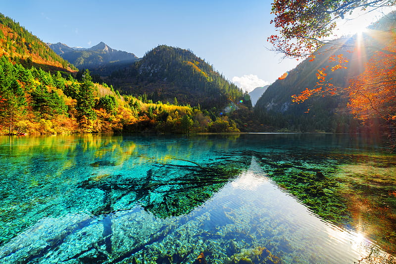 lake, autumn, scenic, trees, mountain, reflection, sunlight, Nature, HD wallpaper