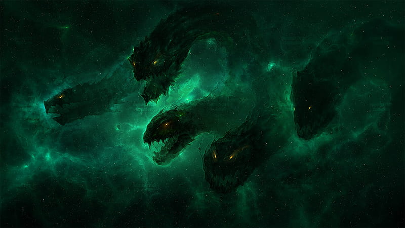 hydra in the space, green nebula, monster, creature, Fantasy, HD wallpaper