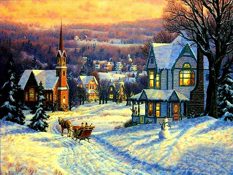 Merry christmas time, christmas, bonito, church, winter, merry christmas, splendor, painting, peaceful, village, color, nature, HD wallpaper