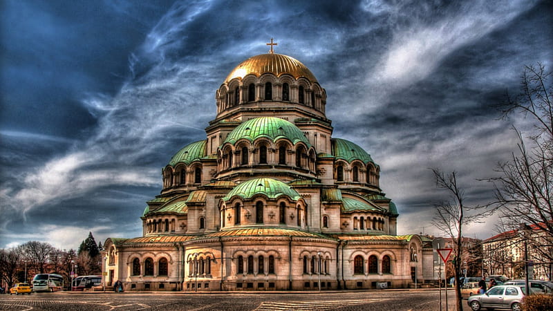 marvelous alexander nevsky cathedral in bulgaria r, cathedral, gold, city, domes, r, clouds, HD wallpaper