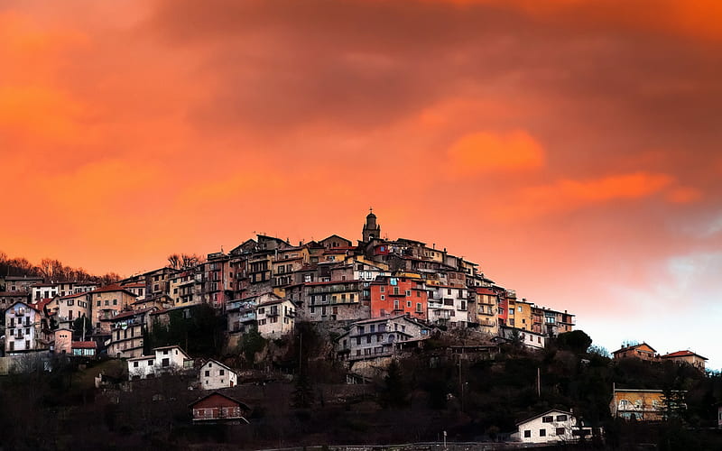 Roquebilliere, Alps, evening, sunset, mountain landscape, cityscape, French Riviera, Cote dAzur, Nice, France, HD wallpaper
