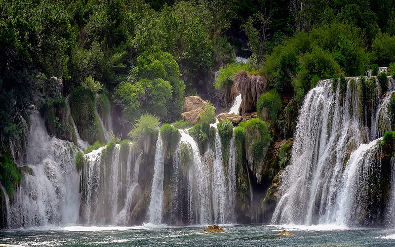 waterfall, Plitvice Lakes, Croatia, rock, lake, forest, beautiful waterfall, Plitvice Lakes National Park, HD wallpaper