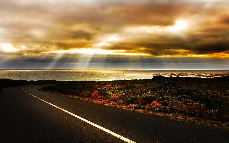 ROAD TO HEAVEN, rays, ocean, sunshine, road, sky, HD wallpaper