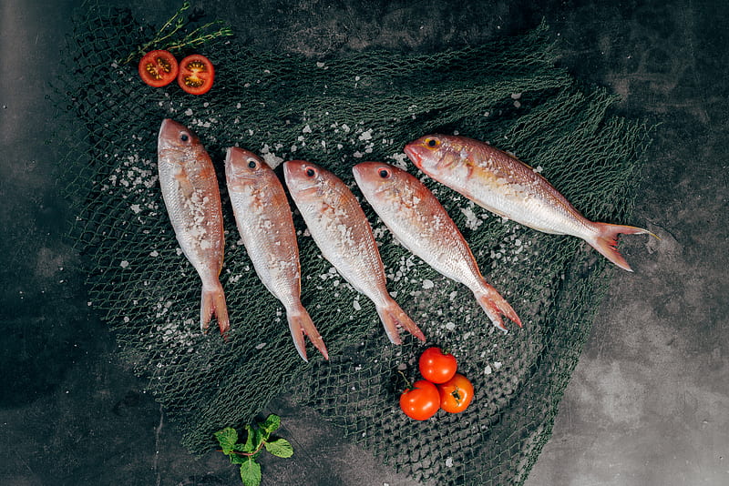 five fish between tomatoes on black net, HD wallpaper