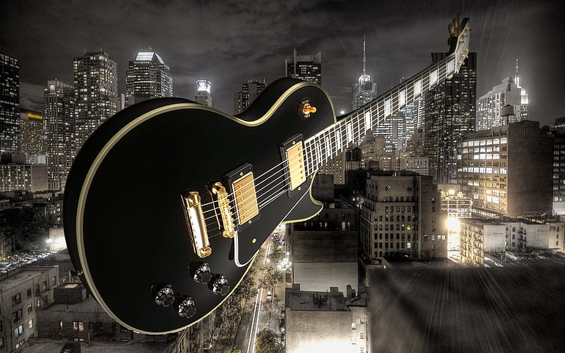 Music Maker, new york, guitar, cityscape, skyline, black and white, HD wallpaper