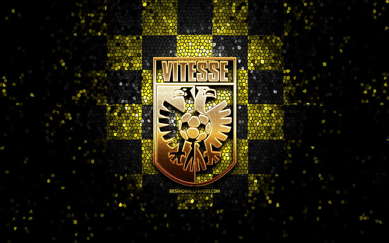 Vitesse FC, glitter logo, Eredivisie, yellow black checkered background, soccer, Dutch football club, Vitesse logo, mosaic art, football, SBV Vitesse, HD wallpaper
