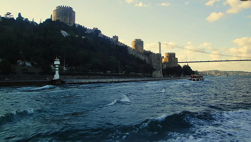 Byzantine walls İstanbul, sun, ship, natalie, waves, blue heaven, orchestra, sea, HD wallpaper