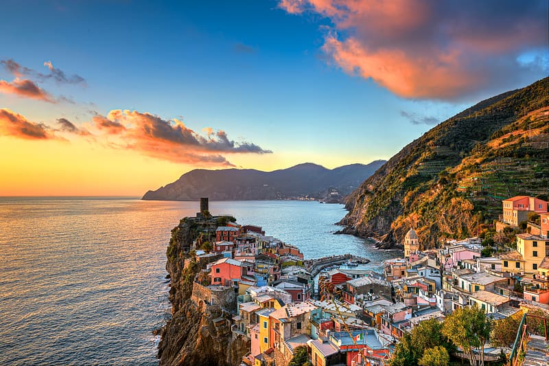 Sunset, Italy, Coast, Village, Vernazza, Cinque Terre, , Liguria, Towns, HD wallpaper