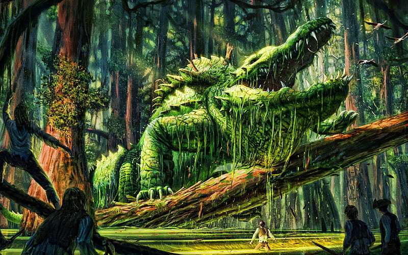 crocodile, monster, people, fairy forest, battle, artwork, HD wallpaper