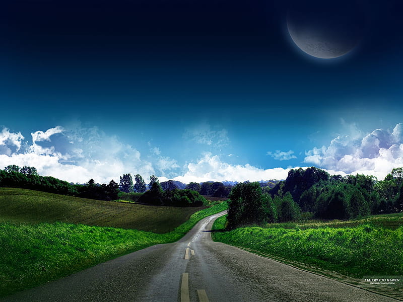 Road To Heaven, stairs, trees, sky, skies, moon, green, paradise, heaven, nature, road, blue, HD wallpaper