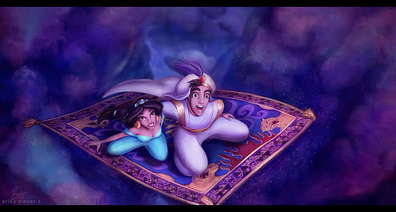 Now I'm in a whole new world with you, fanart, art, luminos, man, glimpen, carpet, fantasy, aladin, girl, jasmin, flying, princess, pink, couple, disney, blue, HD wallpaper