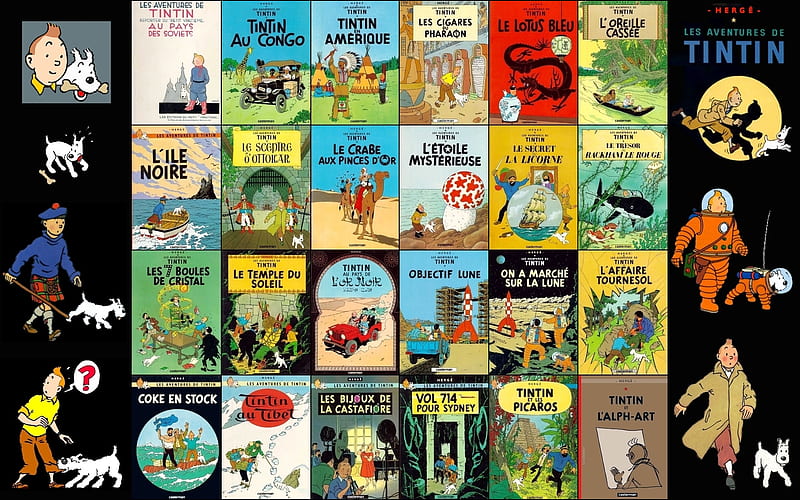 the adventures of Tintin and Snowy, cartoons, stunning, orange, tintin, space, yellow, snowy, shuttle, rocket, nice, colored, famous, dog, herge, black, collage, cartoon, bd, adventure, cool, france, entertainment, awesome, great, white, red, colorful, comics, bonito, animal, moon, green, blue, amazing, colors, fun, adventures, comic, milou, drawing, funny, collages, HD wallpaper