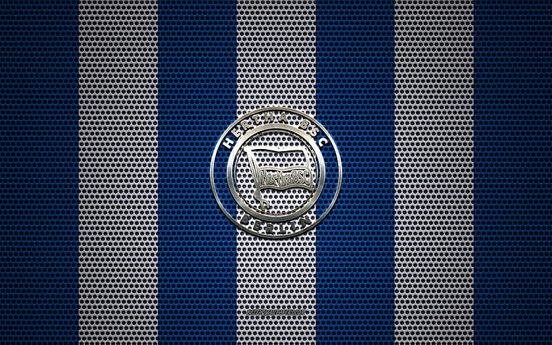 Hertha BSC logo, German football club, metal emblem, blue white metal mesh background, Hertha BSC, Bundesliga, Berlin, Germany, football, Hertha Berlin, HD wallpaper