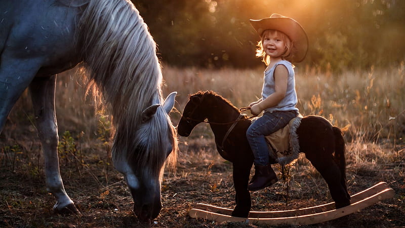 In The Beginning . ., female, hats, cowgirl, boots, ranch, children, outdoors, horses, field, blondes, western, toy horse, kids, HD wallpaper