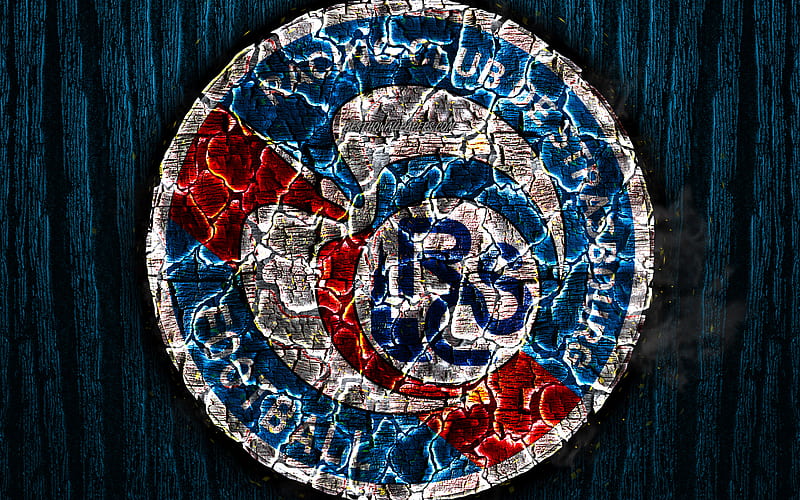 RC Strasbourg Alsace, scorched logo, Ligue 1, blue wooden background, french football club, Strasbourg FC, grunge, football, soccer, Strasbourg logo, fire texture, France, HD wallpaper