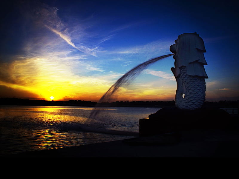 When all is Calm, fountain, fish, river, sunset, clouds, sky, lion, HD wallpaper