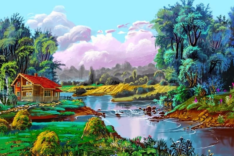 Riverside Cottage, house, painting, river, trees, artwork, landscape, HD wallpaper