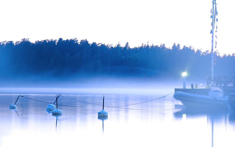 Midnight at the Lake, boat, flags, pier, mast, nature, trees, hill, fog, HD wallpaper